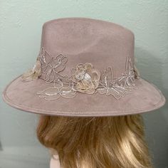 Beautiful Beige Tan Fedora Wedding Hat. Hat Band Made of Beautiful Jeweled and Beaded Lace. One-of-a-kind  Made in Texas Truly one-of-a-kind hat for your special occasion. This hat is a perfect Hat for the mother of the bride. This is a perfect for a Barn, Church, Garden, Casual or Formal Wedding. This Accessory would complement any Bride and Her Wedding. Small to Medium with a soft elastic band inside hat. Cap Veil, Wedding Hat, Wedding Hats, Hat Band, Formal Wedding, Beaded Lace, Elastic Band, Mother Of The Bride, Fedora