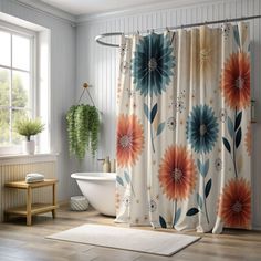 a bathroom with a flower shower curtain next to a bathtub and window sill