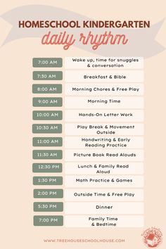 the flyer for homeschool kindergarten daily rhythm event