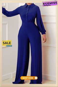 Blue Fashion Casual Solid Patchwork Turndown Collar Regular Jumpsuits Blue Stretch Jumpsuits And Rompers For Work, Blue Non-stretch Solid Color Jumpsuits And Rompers, Blue Solid Color Jumpsuit For Party, Blue Long Sleeve Jumpsuit For Work, Blue Stretch Jumpsuit With Long Sleeves, Blue Jumpsuit Or Romper For Party, Purple Fashion Casual, Jumpsuit Online, Jumpsuits And Romper