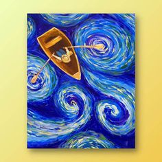 a painting of a boat floating on top of a blue and white swirly background