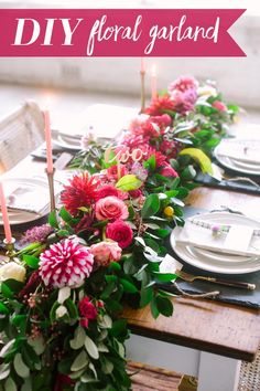 a long table is set with flowers and candles for an elegant floral garbard