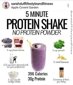 the 5 minute protein shake is packed with blueberries, bananas and yogurt