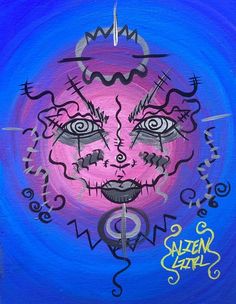 a painting of a woman's face on a blue and pink background with the word alien girl written below it