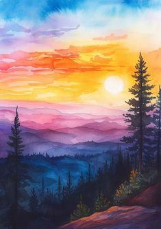 an acrylic painting of a sunset in the mountains