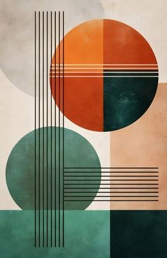 an abstract painting with circles and lines in green, brown, orange and beige colors