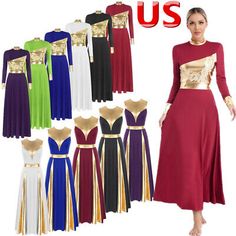 women's long sleeved evening dress with gold trims and pleaed skirt