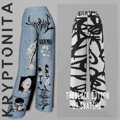 two different types of jeans with graffiti on them and the same one in black and white