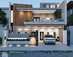 a car is parked in front of a modern house