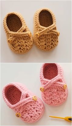 crocheted baby shoes with buttons on them are shown in three different colors and sizes