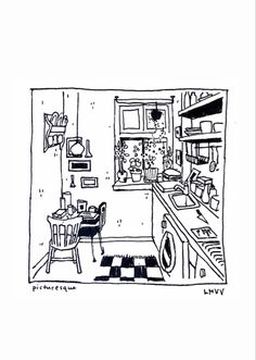 a black and white drawing of a kitchen with an oven, sink, stove and table