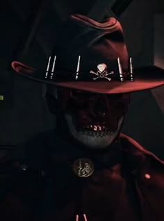 a skeleton wearing a red hat with skulls on it's head and two knives in his hand