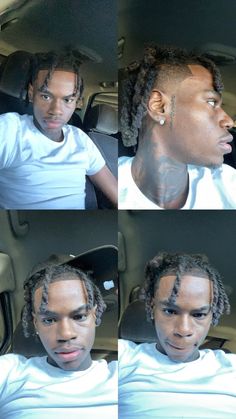 four different shots of a man with dreadlocks in the back of a car