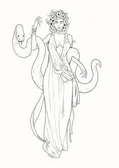 a drawing of a woman holding a snake in her hand and wearing a long dress