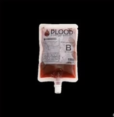 blood bag filled with red liquid on top of a black background and the words blood written below it