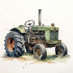 an old tractor painted in watercolor and ink