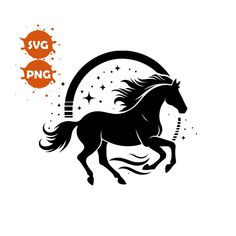 a black and white silhouette of a horse running through the air with stars around it