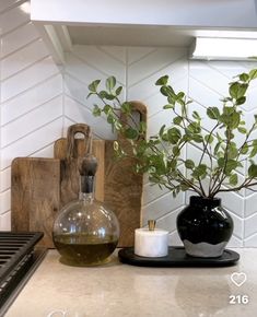 there is a vase with some plants in it on the kitchen counter next to a cutting board