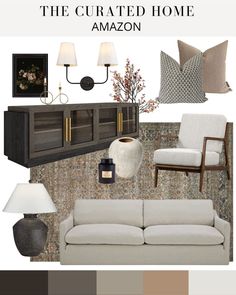 a living room with furniture and decor in shades of gray, beige, and brown