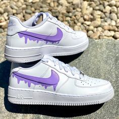 Custom Purple Nike Drip Air Force Ones-shecustomize Nike Drip, Shoe Artwork, Custom Painted Shoes, Vans Original, Purple Nikes, Air Force 1 High, Custom Air Force 1, Shoe Last, Custom Nikes