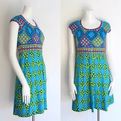 ANNE FOGARTY Collectors Items 1960s Brightly colored graphic print mini dress with tee shirt style cut. Fitted bodice and A line flare skirt. Pulls over the head. This is easy to wear and pack. Just show on and go. Very cute ! Hand wash cold 100% polyester Approx size Medium Excellent condition, has been hemmed and can easily be let back down another 2 inches. MEASURES : bust= 34-40 waist= 28-32 hips= 42 length= 35 ALL SALES FINAL Retro Cotton Dress With Graphic Print, Casual Fitted Mini Dress With Retro Print, Vintage Fitted Printed Mini Dress, Fitted Vintage Printed Mini Dress, Vintage Multicolor A-line Mini Dress, Retro Fitted Dress With Colorful Pattern, Retro Patterned Dress With Short Sleeves, Colorful Retro Fitted Dress, Retro Fitted Dress With Bold Print