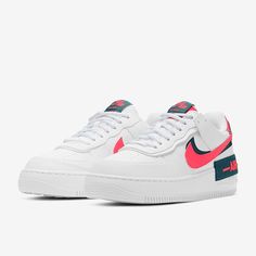 New In Box And Multiple Sizes Available The Wmns Air Force 1 Shadow 'White Solar Red' Brings A Reconstructed Look To The Classic Basketball Silhouette. Built With Leather, The Shoe's Upper Sports A White Base, With A Doubled-Up Design Making Its Way To The Eyestay, Forefoot Overlay, Detached Collar Flap And Air Branding Around The Heel. Highlighted By Solar Red And Dark Teal Green Throughout, The Construction Is Cushioned Underfoot By Air In The Midsole, With A Cored-Out Rubber Outsole For Tract Nike Air Force 1 White, Air Force 1 White, Dark Teal Green, Air Force Shoes, Nike Air Force 1 Shadow, Nike Shoes Air Force, Air Force 1 Shadow, Nike Dunk High, Force One