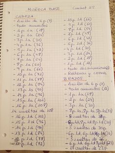 a notebook with some writing on it and numbers written in spanish, latin or english