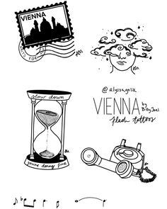 an ink drawing of various things in black and white with the words vienna written on them