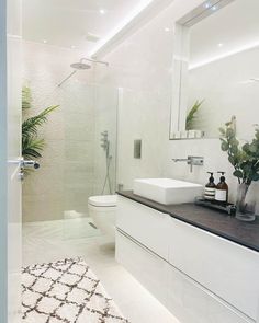 a bathroom with a sink, toilet and shower in it's own area is shown