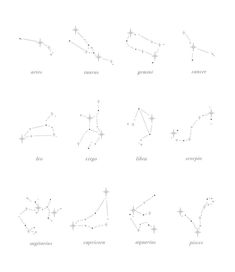 twelve zodiac signs are shown in black and white, with stars on the sky above them