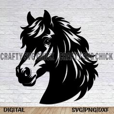 a horse head on a white brick wall with the words, digital svg file