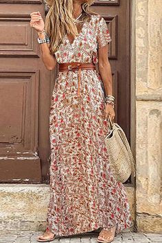 V Neck Short Sleeve Bohemian Floral Maxi Dress Long Floral Maxi Dress, Casual Evening Dresses, Boho Mode, Boho Dresses Long, Paisley Maxi Dress, Short Sleeve Maxi Dresses, Beach Maxi Dress, Maxi Robes, Vestido Casual