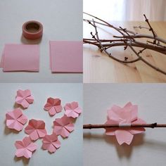 four different pictures with pink paper flowers and branches in the middle one has a roll of tape on it