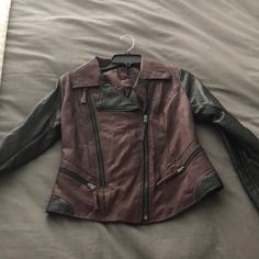 Multi Colored Leather Jacket Never Worn Purple Long Sleeve Leather Jacket For Spring, Purple Long Sleeve Biker Jacket For Winter, Fitted Purple Leather Jacket For Fall, Girl Tuxedo, Colored Leather Jacket, White Lace Jacket, Coloured Leather Jacket, Color Block Coats, Girls Vest