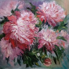 a painting of pink flowers in a vase