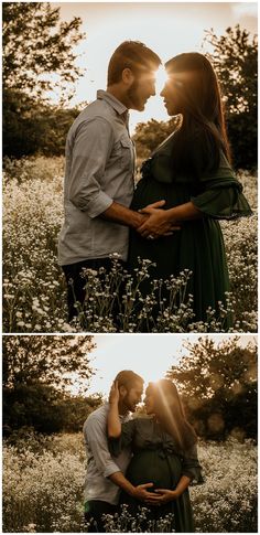 a couple kissing in the middle of a field with sun shining through trees and grass