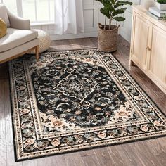 a black and beige area rug in a living room with a plant on the floor