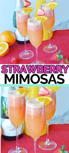 strawberry mimosa cocktail in glasses with strawberries and oranges on the side