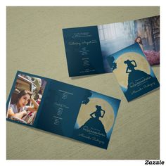 two folded brochures with images of people in the background and an image of a princess on it