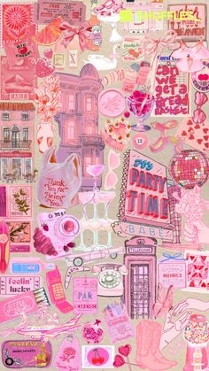 a collage of pink stickers and other items on a white background with words that read party time