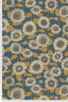 sunflowers and leaves on a blue background with gold foiled edges in the center