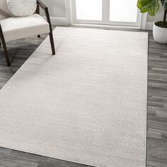 a white rug in a living room with a chair and potted plant on the floor