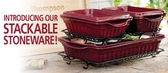 three red containers stacked on top of each other with the words, producing our stackable stoneware