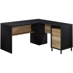 an l shaped desk with two drawers and one drawer open on each side, in black and oak