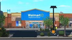 a walmart store front with trees and bushes