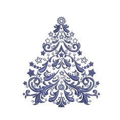 a blue christmas tree with stars and swirls on the top, in white background