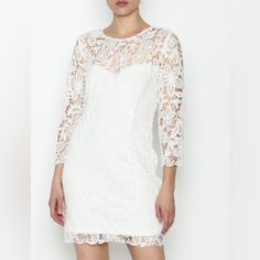 Mini Dress In All-Over Embroidered Lace With Fitted Feminine Silhouette And Sweetheart Neckline, Perfect For A Night Out Or The 21st Modern Bride! 3/4 Sleeves, Back Cut-Out Detail, And Exposed Back Zipper. Shell: 100% Polyester; Trim: 100% Polyester; Lining: 100% Polyester. Dry Clean Only. Imported. Label: Heartloom Spring Mini Dress With Delicate Lace, Spring White Mini Dress With Delicate Lace, White Delicate Lace Mini Dress For Spring, White Mini Dress With Delicate Lace For Spring, Spring Mini Lace Dress With Delicate Lace, Spring Mini Lace Dress With Delicate Details, Fitted Delicate Lace Dress For Brunch, Spring Mini Length Dress With Delicate Lace, Spring Mini Dress With Delicate Lace For Brunch