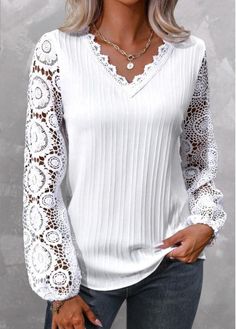 Color:White;Size:1X;Size:2X;Size:3X;Package Contents:1 X Blouse;Occasion:Other;Style:Casual; Stylish Outfits For Women, Stylish Outfits For Women Over 50, Outfits For Women Over 50, Decor Event, Trendy Tops For Women, Color Wedding, White Lace Top, Long Sleeve Tops Casual, Blouse Material