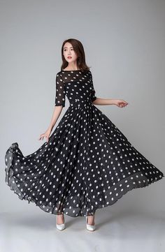 polka dot dress, illusion prom dress, Black white dress, Chiffon dress, Women dresses, maxi dress, Half sleeve dress, boat neck dress (1534) Polka Dot Dress Summer, Illusion Dress Prom, Prom Dress Black, Wedding Dress Flowy, Polka Dot Maxi Dresses, Womens Prom Dresses, Summer Black Dress, White Polka Dot Dress, Prom Dresses Vintage