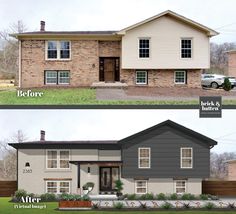 before and after pictures of a house with siding on the front, brick on the back